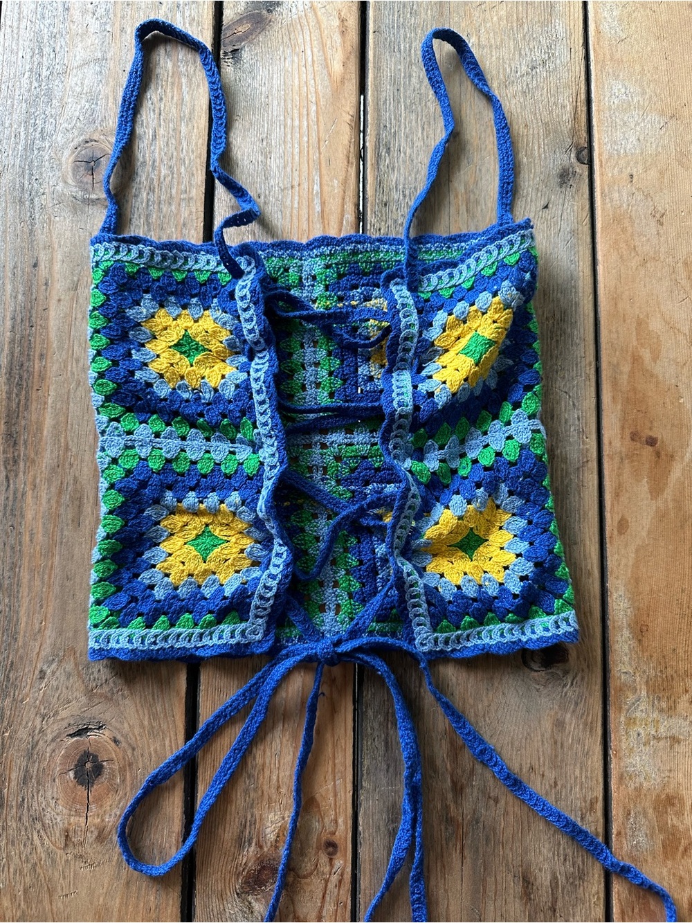 Zara Blue Crochet Lace-Up Crop Top with Green & Yellow Accents